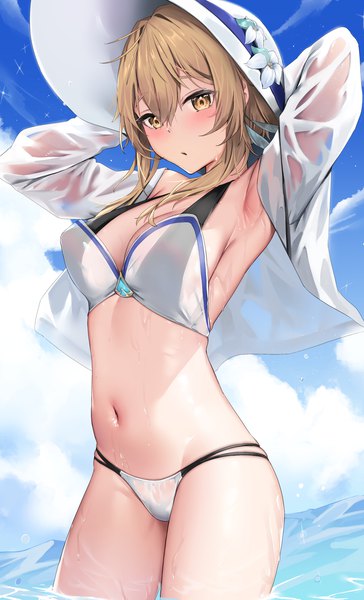 Anime picture 2129x3508 with genshin impact lumine (genshin impact) skai kun single long hair tall image looking at viewer blush fringe highres breasts open mouth light erotic blonde hair hair between eyes large breasts standing yellow eyes sky cloud (clouds)