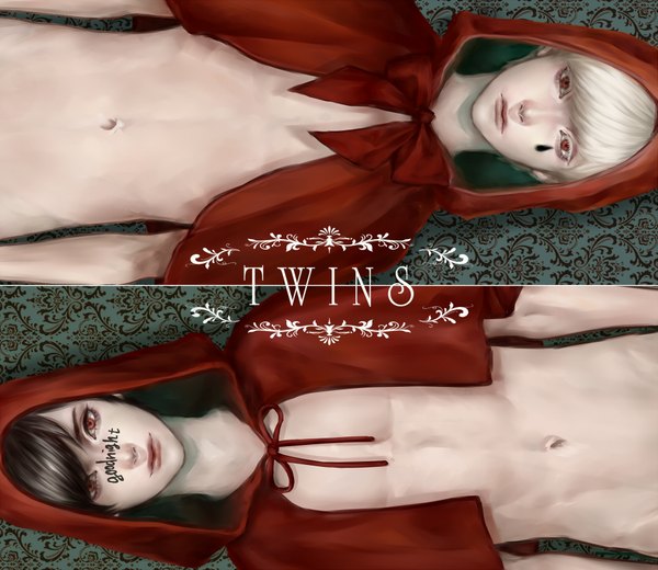 Anime picture 1923x1668 with little red riding hood original little red riding hood (character) nanao (artist) looking at viewer fringe highres short hair red eyes brown hair white hair from above realistic multiple boys multiview twins face paint albino boy navel