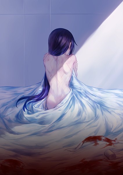 Anime picture 707x1000 with mahou shoujo madoka magica shaft (studio) akemi homura azmodan single long hair tall image light erotic black hair sitting bare shoulders nude from behind back scar bare back girl blood bandage (bandages) blanket