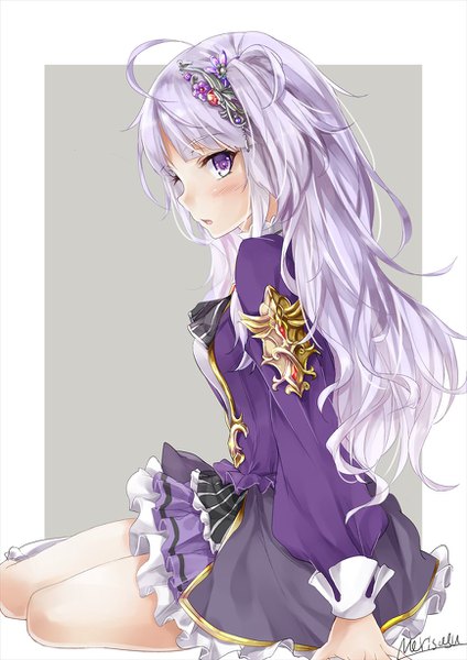 Anime picture 868x1228 with mabinogi marisasu (marisa0904) single long hair tall image blush fringe open mouth sitting purple eyes signed looking away purple hair bent knee (knees) blunt bangs profile grey background arm support border outside border