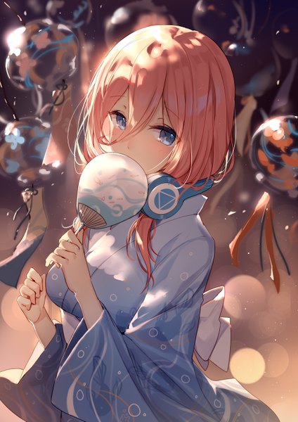 Anime picture 1000x1415 with go-toubun no hanayome nakano miku bison cangshu single long hair tall image looking at viewer blush fringe blue eyes hair between eyes holding pink hair upper body traditional clothes japanese clothes wide sleeves covered mouth animal print headphones around neck