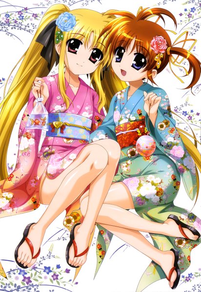 Anime picture 4091x5952 with mahou shoujo lyrical nanoha nyantype fate testarossa takamachi vivio long hair tall image highres short hair open mouth blue eyes blonde hair red eyes twintails multiple girls absurdres traditional clothes japanese clothes hair flower orange hair official art