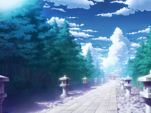 Anime picture 1280x960 with touhou aoha (twintail) sky cloud (clouds) no people landscape summer plant (plants) tree (trees) forest road shrine hakurei shrine