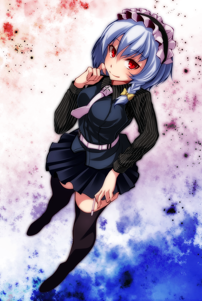 Anime picture 1349x2000 with touhou izayoi sakuya s-syogo single tall image looking at viewer short hair red eyes blue hair girl thighhighs dress black thighhighs necktie headdress