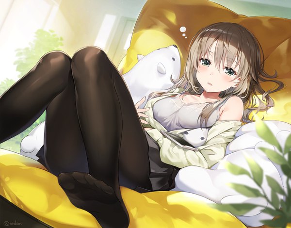 Anime picture 1400x1098 with original orda single long hair looking at viewer blush fringe open mouth hair between eyes brown hair green eyes signed indoors pleated skirt blurry off shoulder open jacket no shoes twitter username soles