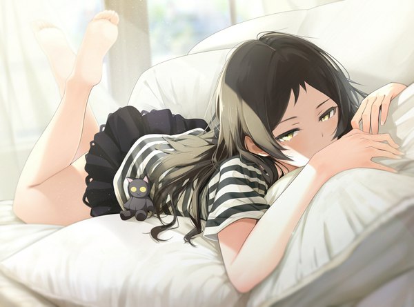 Anime picture 3900x2896 with idolmaster idolmaster million live! kitazawa shiho giba (out-low) single long hair looking at viewer fringe highres black hair yellow eyes absurdres full body indoors lying barefoot sunlight bare legs striped on stomach