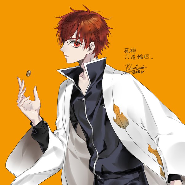 Anime picture 1000x1000 with kyoukai no rinne rokudou rinne bloodcat (babacatcat) single looking at viewer short hair simple background red eyes signed upper body red hair traditional clothes japanese clothes profile orange background boy coin (coins)