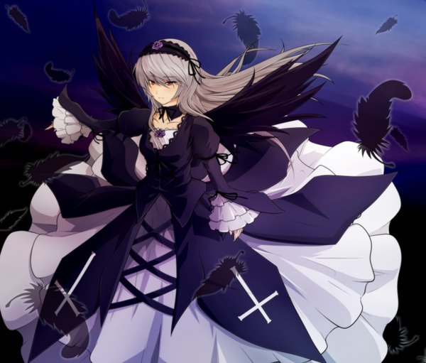 Anime picture 1467x1250 with rozen maiden suigintou nogizaka kushio (artist) single long hair red eyes silver hair gothic girl dress wings feather (feathers) cross bonnet