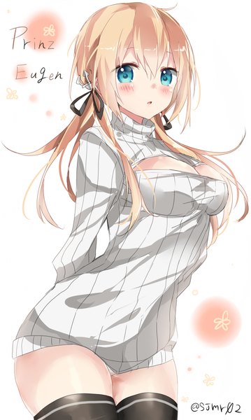 Anime picture 600x1002 with kantai collection prinz eugen (kantai collection) shijima (sjmr02) single long hair tall image looking at viewer blush fringe breasts open mouth light erotic blonde hair smile hair between eyes large breasts standing white background twintails signed