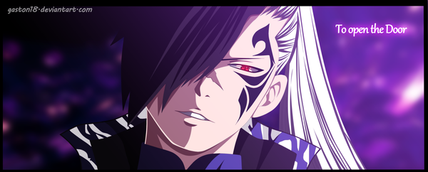 Anime picture 3000x1212 with fairy tail rogue cheney tongasart single fringe highres black hair red eyes wide image white hair ponytail multicolored hair hair over one eye inscription tattoo coloring facial mark portrait boy