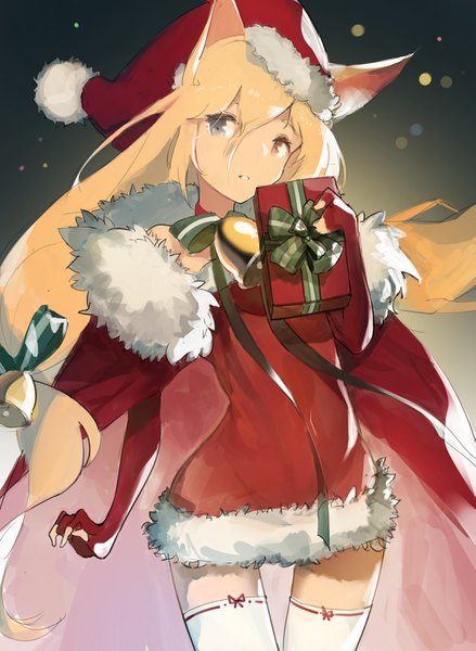 Anime picture 2390x3263 with girls frontline g41 (girls frontline) koog single long hair tall image looking at viewer fringe highres blonde hair hair between eyes animal ears zettai ryouiki fur trim heterochromia christmas bell collar hair bell girl thighhighs