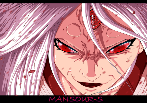 Anime picture 1024x723 with naruto studio pierrot naruto (series) ootsutsuki kaguya mansour-s single long hair red eyes signed white hair lips looking down portrait angry sharingan rinnegan girl