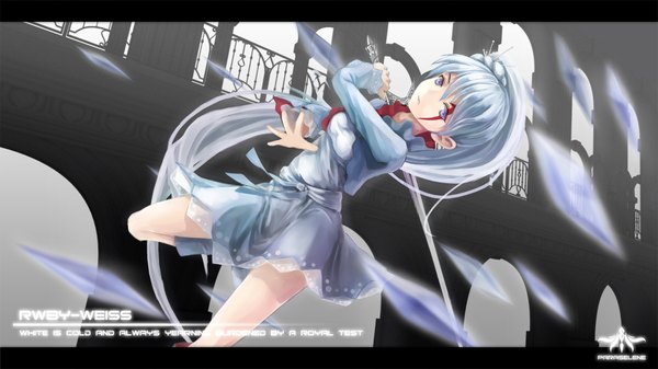 Anime picture 1920x1080 with rwby rooster teeth weiss schnee thtc12345 (artist) single long hair highres wide image purple eyes silver hair ponytail girl dress weapon sword crystal