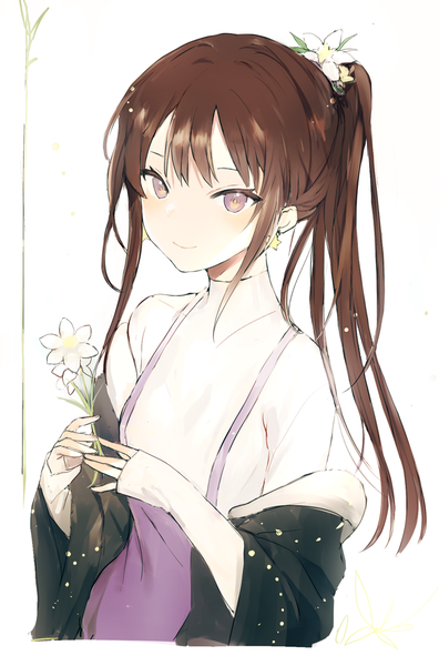 Anime picture 650x984 with original lpip single long hair tall image simple background smile brown hair white background purple eyes payot upper body ponytail hair flower off shoulder girl flower (flowers) earrings star (symbol) turtleneck