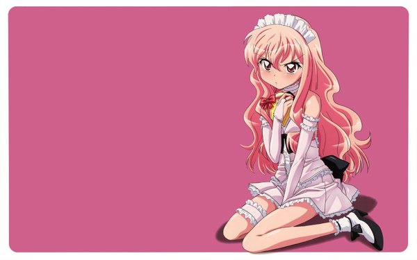 Anime picture 1680x1050 with zero no tsukaima j.c. staff louise francoise le blanc de la valliere single long hair looking at viewer blush fringe hair between eyes wide image sitting pink hair full body pink eyes embarrassed wariza wavy hair pink background third-party edit between thighs