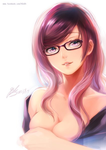 Anime picture 1000x1414 with original 1991 (blz) single long hair tall image looking at viewer breasts light erotic smile white background purple eyes signed cleavage purple hair girl glasses