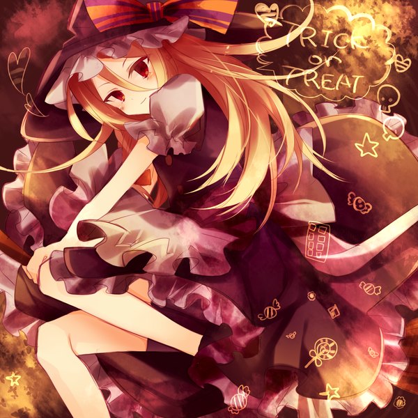 Anime picture 1500x1500 with touhou kirisame marisa ibara riato single long hair looking at viewer blush blonde hair red eyes sitting light smile flying girl dress apron witch hat broom