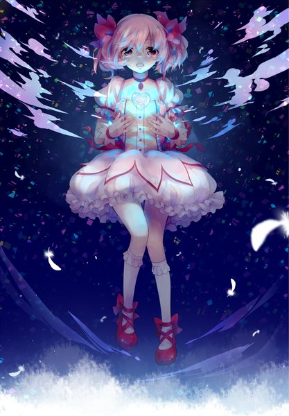 Anime picture 1488x2142 with mahou shoujo madoka magica shaft (studio) kaname madoka shiki hinako single tall image looking at viewer short hair open mouth red eyes twintails pink hair tears short twintails flying crying magical girl girl dress heart