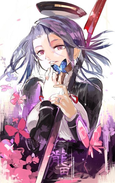 Anime picture 600x957 with kantai collection tatsuta light cruiser himuro (dobu no hotori) single tall image looking at viewer short hair open mouth purple eyes purple hair lips grin girl boy uniform school uniform insect butterfly halo ring