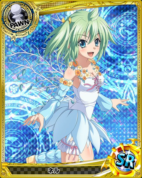 Anime picture 640x800 with highschool dxd tagme (character) single tall image blush short hair open mouth blue eyes smile :d green hair card (medium) girl dress flower (flowers) bow hair bow detached sleeves wings frills