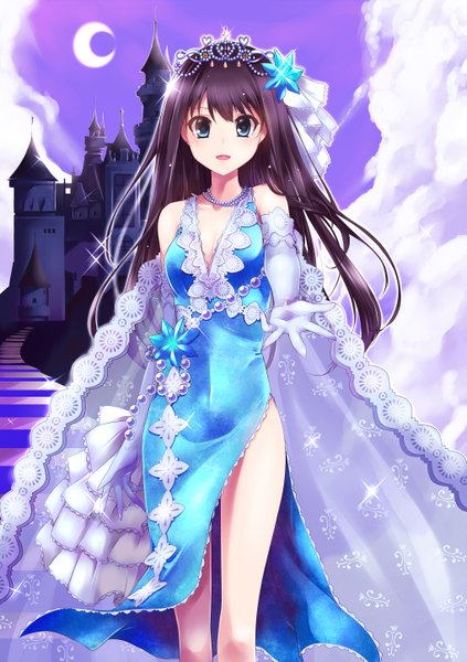 Anime picture 2039x2893 with idolmaster idolmaster cinderella girls shibuya rin paopao (artist) single long hair tall image looking at viewer highres open mouth blue eyes black hair bare shoulders girl dress gloves white gloves beads castle