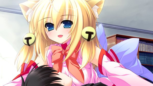 Anime picture 1280x720 with tiny dungeon (game) rosebleu uluru short hair blue eyes blonde hair wide image animal ears game cg cat ears loli girl detached sleeves