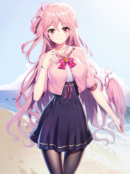 Anime picture 900x1200 with original emily stock ririko (zhuoyandesailaer) single long hair tall image looking at viewer blush fringe breasts smile hair between eyes standing holding pink hair sky cloud (clouds) outdoors braid (braids) pleated skirt