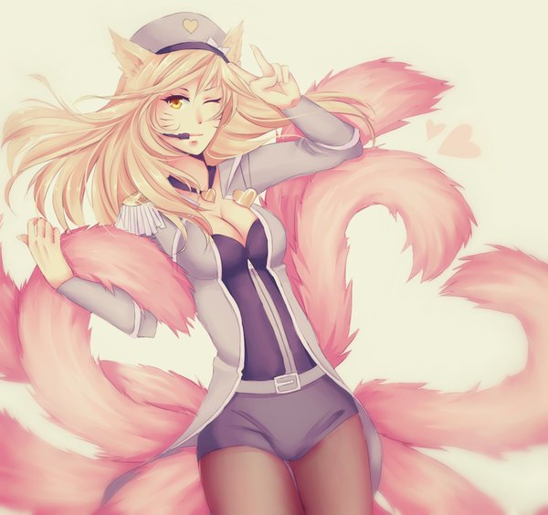 Anime picture 1280x1204 with league of legends ahri (league of legends) popstar ahri (league of legends) bakaruru (artist) single long hair looking at viewer light erotic animal ears tail animal tail one eye closed wink orange eyes fox ears facial mark fox tail fox girl multiple tails whisker markings