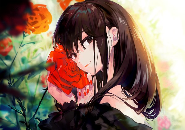 Anime picture 2339x1654 with original ka-no single long hair looking at viewer fringe highres smile hair between eyes brown hair brown eyes upper body nail polish fingernails blurry red nail polish girl flower (flowers) plant (plants) rose (roses)