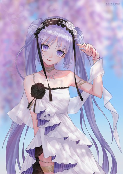 Anime picture 2480x3508 with fate (series) fate/grand order fate/hollow ataraxia euryale (fate) yu shu black joker single tall image looking at viewer fringe highres open mouth smile standing purple eyes twintails bare shoulders signed payot purple hair outdoors