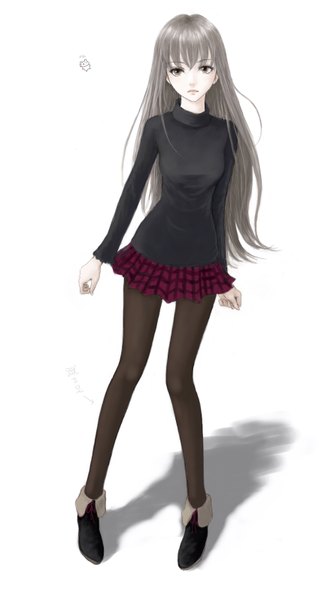 Anime picture 888x1593 with original erurodo (artist) single long hair tall image looking at viewer simple background standing white background pleated skirt grey hair shadow grey eyes plaid skirt girl skirt miniskirt pantyhose boots sweater