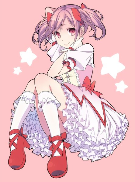Anime picture 1000x1349 with mahou shoujo madoka magica shaft (studio) kaname madoka sama (artist) single tall image looking at viewer short hair simple background smile sitting pink hair pink eyes puffy sleeves pink background hand on head magical girl girl dress gloves