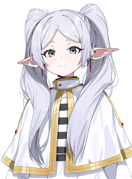 Anime picture 1967x2667 with sousou no frieren frieren tosyeo single long hair tall image looking at viewer blush highres simple background smile white background twintails green eyes payot silver hair upper body pointy ears striped elf
