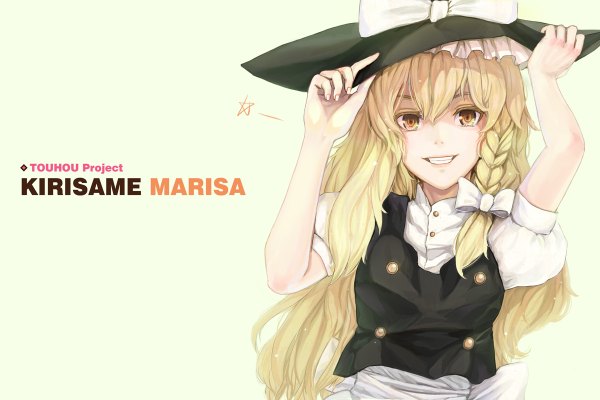 Anime picture 1200x800 with touhou kirisame marisa hwansang long hair blonde hair smile yellow eyes inscription wallpaper single braid girl witch hat