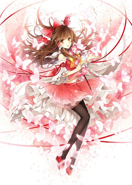 Anime picture 713x1000 with touhou hakurei reimu hagiwara rin single long hair tall image looking at viewer blush open mouth simple background red eyes brown hair white background girl skirt flower (flowers) ribbon (ribbons) bow hair bow detached sleeves