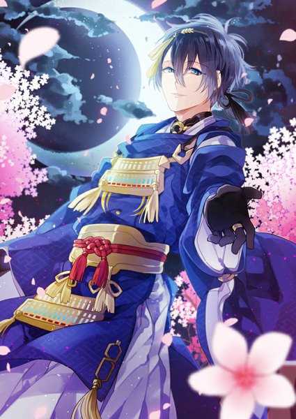 Anime picture 800x1129 with touken ranbu nitroplus mikazuki munechika kurisu takumi single tall image short hair blue eyes black hair traditional clothes night from below cherry blossoms outstretched arm crescent boy gloves hair ornament plant (plants) petals