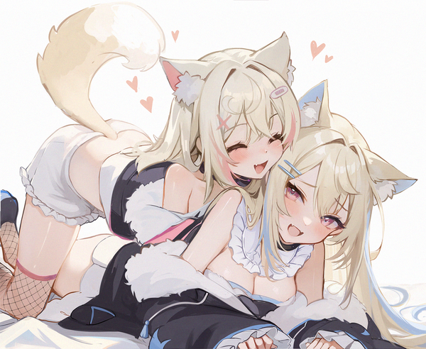 Anime picture 1500x1230 with virtual youtuber hololive hololive english mococo abyssgard fuwawa abyssgard mococo abyssgard (1st costume) fuwawa abyssgard (1st costume) koahri long hair blush fringe breasts open mouth light erotic simple background blonde hair white background bare shoulders multiple girls animal ears