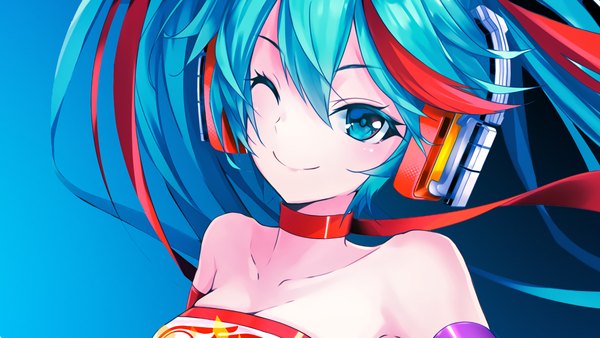 Anime picture 3840x2160 with vocaloid goodsmile racing goodsmile company hatsune miku racing miku racing miku (2016) assassinwarrior ajigo single long hair looking at viewer fringe highres blue eyes smile hair between eyes wide image twintails bare shoulders blue hair