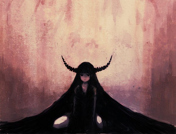 Anime picture 1200x918 with original blackball (artist) single black hair very long hair horn (horns) black eyes demon girl girl