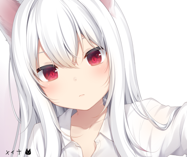 Anime picture 1000x841 with original nachi single long hair looking at viewer blush fringe simple background hair between eyes red eyes white background animal ears white hair cat ears cat girl dutch angle open collar self shot girl shirt