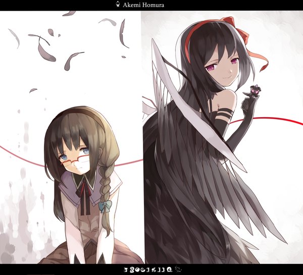 Anime picture 1000x909 with mahou shoujo madoka magica shaft (studio) akemi homura akuma homura hillly (maiwetea) long hair looking at viewer fringe blue eyes black hair simple background smile white background sitting bare shoulders braid (braids) pink eyes character names letterboxed multiview