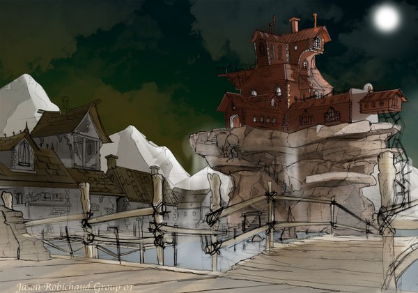 Anime picture 1500x1052 with original uldron (artist) cloud (clouds) castle bridge