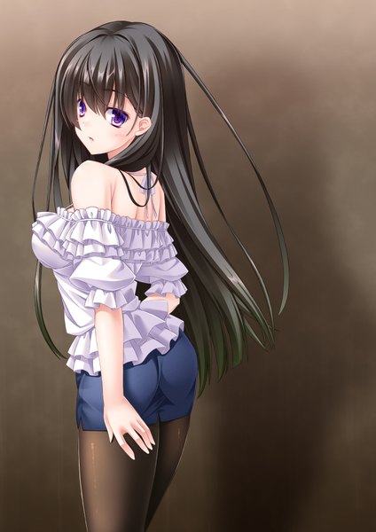 Anime picture 2894x4093 with original argenteumastrum single long hair tall image highres black hair purple eyes bare shoulders looking back brown background girl skirt miniskirt pantyhose