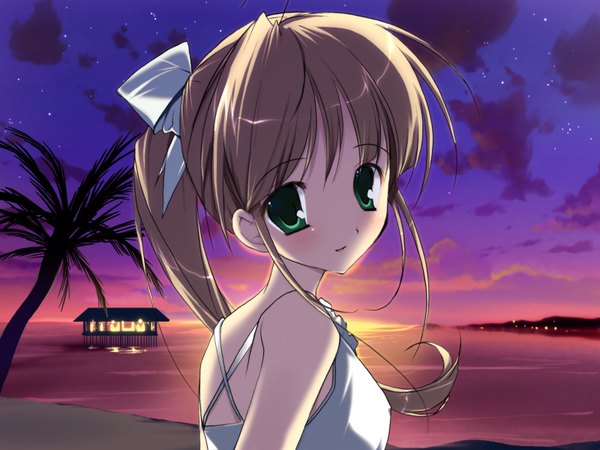 Anime picture 1600x1200 with original pink chuchu (artbook) mikeou single long hair looking at viewer blush blonde hair smile green eyes sky cloud (clouds) ponytail looking back beach evening sunset sand girl bow