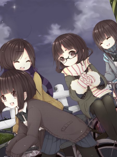 Anime-Bild 1650x2200 mit momoshiki tsubaki tall image short hair open mouth brown hair multiple girls brown eyes ahoge eyes closed night sky group striped girl gloves uniform hair ornament school uniform pantyhose glasses scarf