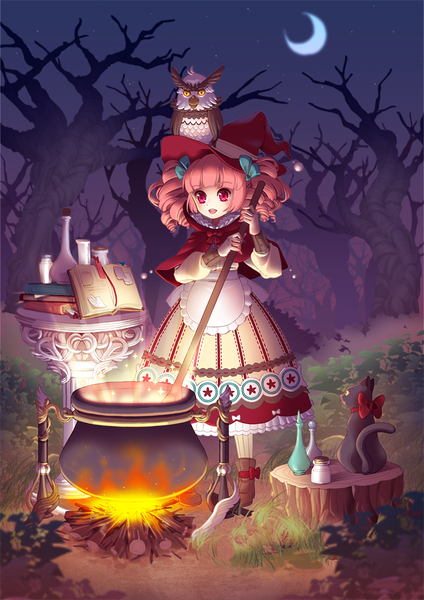 Anime picture 740x1047 with original saban tall image short hair open mouth red eyes pink hair night drill hair crescent cooking girl dress bow plant (plants) hair bow animal tree (trees) bird (birds) book (books)