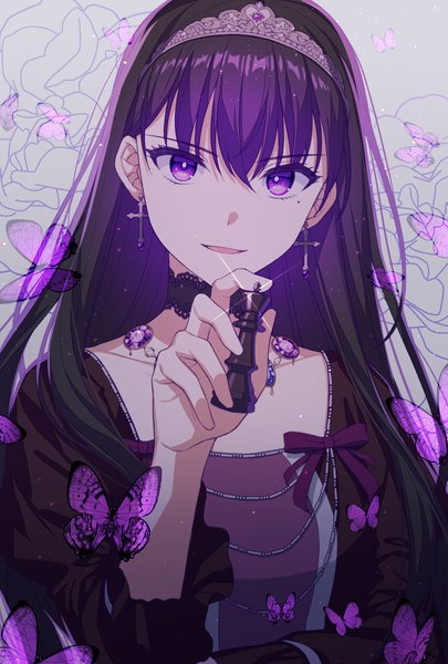 Anime picture 1181x1748 with original jenevan single long hair tall image looking at viewer fringe black hair hair between eyes purple eyes upper body mole sparkle mole under eye girl dress earrings choker insect butterfly