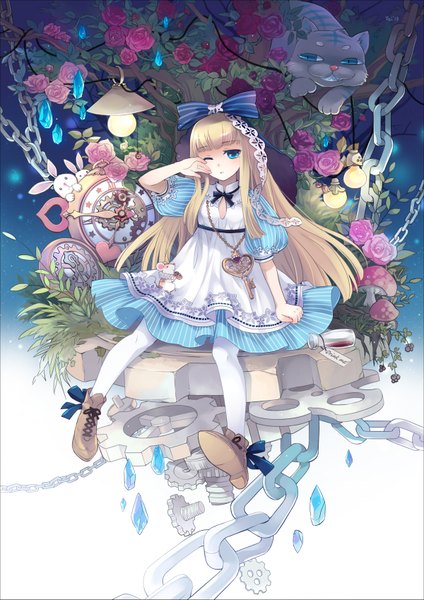 Anime picture 1200x1697 with alice in wonderland alice (wonderland) fei (pixiv) long hair tall image looking at viewer blue eyes blonde hair sitting one eye closed wink girl dress plant (plants) tree (trees) rose (roses) pendant chain bunny key