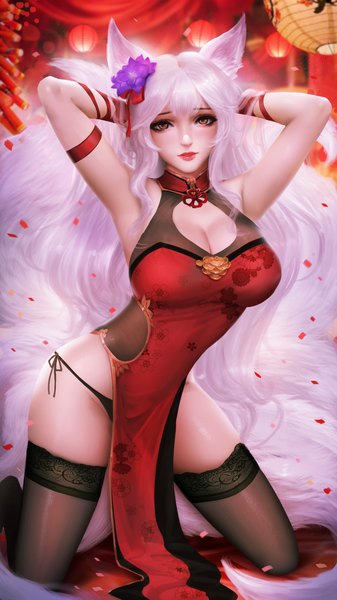 Anime picture 3080x5476 with league of legends ahri (league of legends) turewindwalker single long hair tall image looking at viewer blush fringe highres breasts light erotic large breasts brown eyes animal ears absurdres cleavage white hair tail traditional clothes