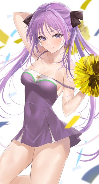 Anime picture 1025x1912 with lucky star kyoto animation hiiragi kagami mexif single long hair tall image looking at viewer light erotic smile standing purple eyes twintails cleavage purple hair covered navel strap slip cheerleader girl dress